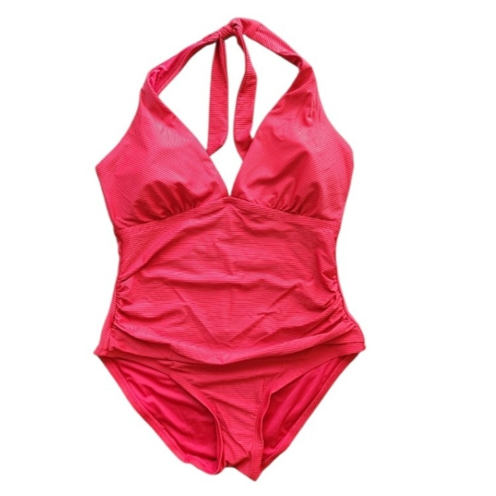 Tommy Hilfiger One Piece Swimsuit Red Ribbed Ruched Halter Tummy Control 16 W